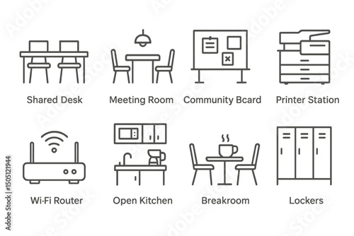Coworking Space and Office Amenities Line Icons
