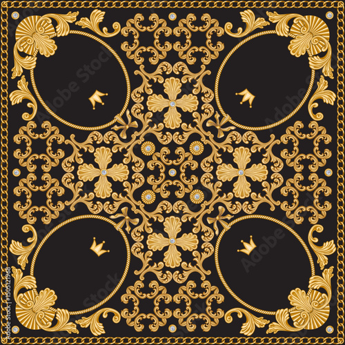 Vector scarf, bandana print from gold baroque scrolls, pearls, golden frames on a black background