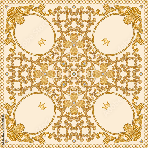 Vector scarf, bandana print from gold baroque scrolls, pearls, golden frames on a beige background