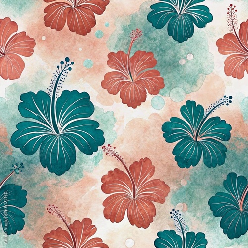 Tropical Hibiscus Bliss Seamless Pattern, Coral and Teal Watercolor Floral Digital Paper with Exotic Leaves, Beach Vibes, and Island-Inspired Botanical Design