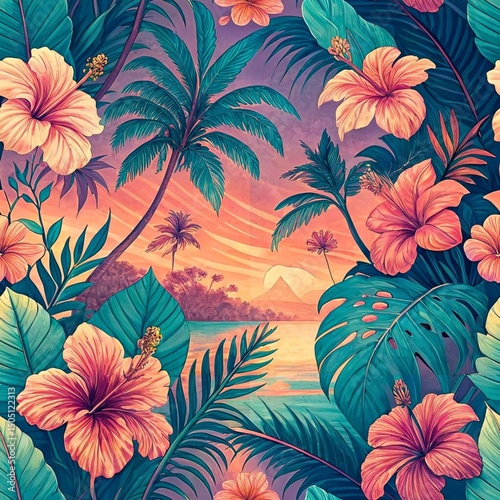 Tropical Hibiscus Bliss Seamless Pattern, Coral and Teal Watercolor Floral Digital Paper with Exotic Leaves, Beach Vibes, and Island-Inspired Botanical Design