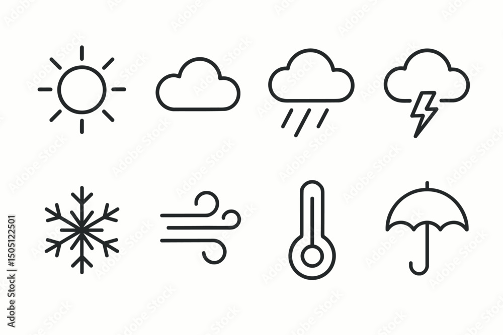 Minimalist weather icons: sun, cloud, rain, lightning, snowflake, wind, thermometer, umbrella.