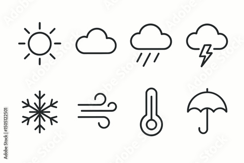 Minimalist weather icons: sun, cloud, rain, lightning, snowflake, wind, thermometer, umbrella.