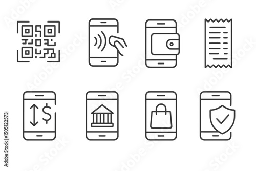 Mobile payment icons: qr code, contactless, wallet, receipt, banking, shopping, security.