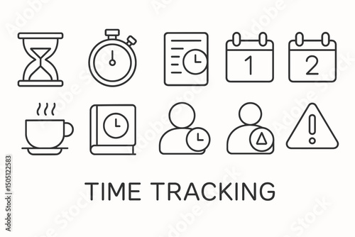 Minimalistic time tracking icons including stopwatch, calendar, and alarm