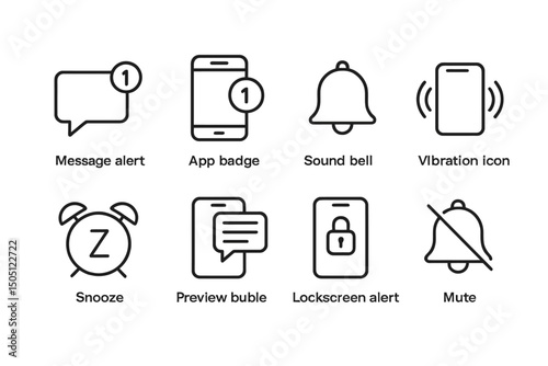 Notification icons set: message alert, app badge, sound bell, vibration icon.