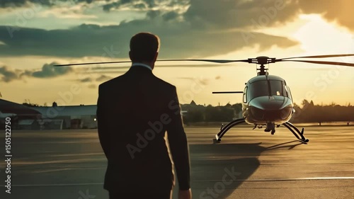 Back of businessman walking to helicopter 