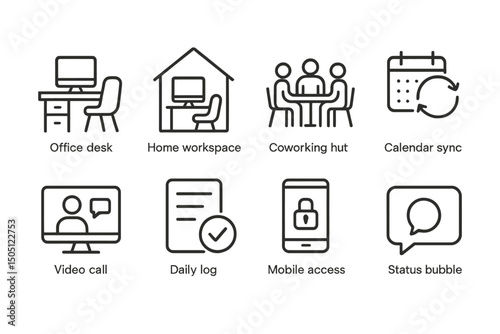 Office and remote work icons: workspace, coworking, calendar, video, mobile access