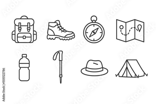 Outdoor adventure equipment: backpack, compass, hiking boots, tent icons.