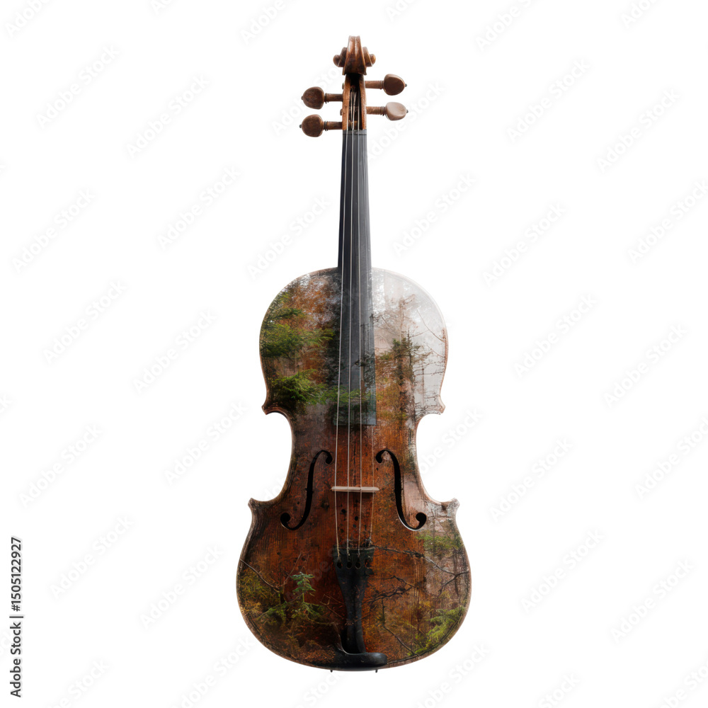 Naklejka premium A violin featuring a detailed overlay of a forest scene on its body.