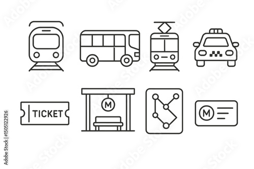 Public transportation icons: bus, tram, train, taxi, ticket, station signage.