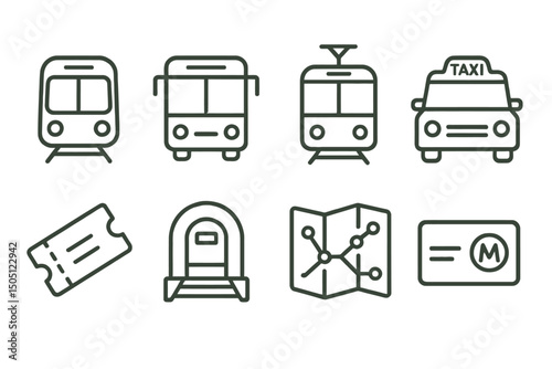 Public transport icons: train, taxi, bus, ticket, map on green background.