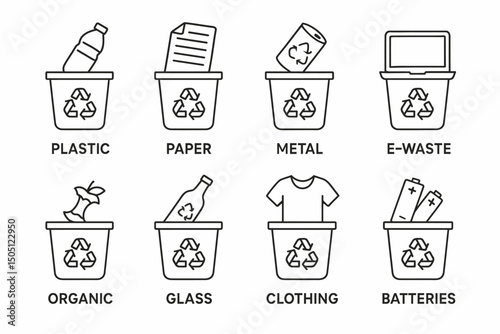 Recycling bin icons for plastic, paper, metal, e-waste, organic, glass, clothing, and batteries.