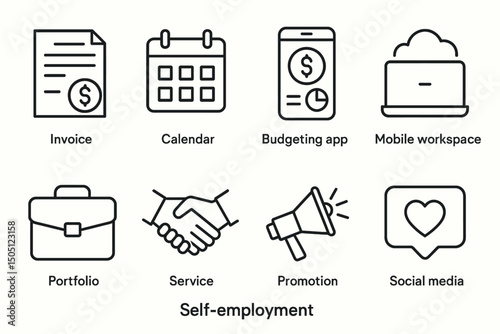 Self-employment tools: invoice, calendar, budgeting app, mobile workspace, portfolio, service, promotion, social media