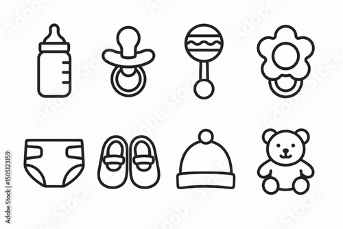 Set of baby icons: bottle, pacifier, rattle, diaper, shoes, hat, teddy bear.