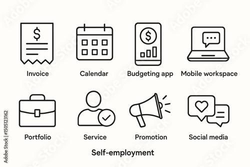 Self-employment concepts: invoice, calendar, budgeting, workspace, portfolio, service, promotion, social media