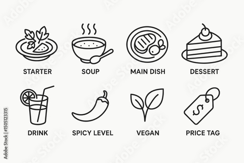 Simple icons representing menu categories: starter, soup, main dish, dessert, drink, spicy level, vegan, price tag.