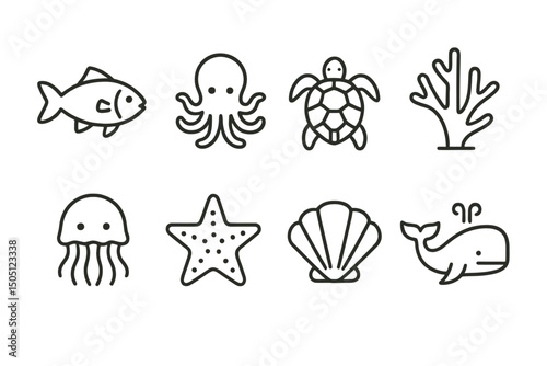 Simple line art icons of marine animals on olive background.