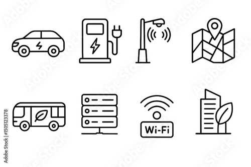 Smart city icons: electric car, charging station, smart lamp, map, eco bus, server, wi-fi, green building.
