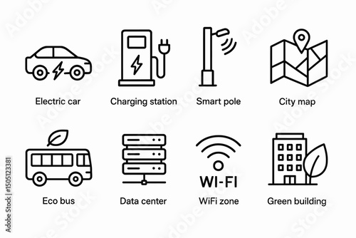 Smart city icons: electric car, charging station, wi-fi zone, and more.