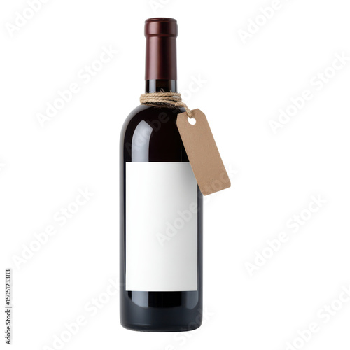 A dark glass wine bottle with a blank label and a brown tag tied around the neck.