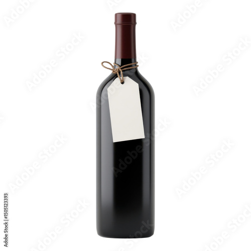 A dark glass wine bottle with a blank tag attached to the neck.