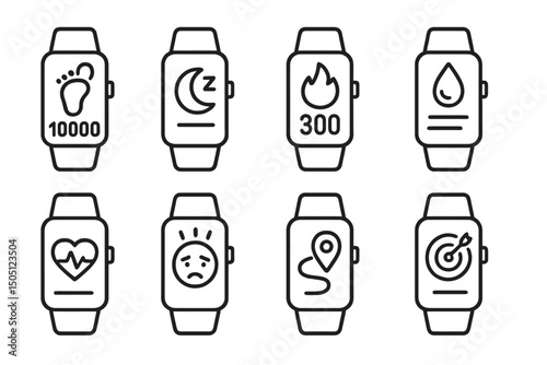 Smartwatch icon set: steps, sleep, calories, hydration, heart, mood, gps, targets.