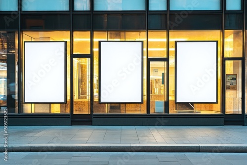 Blank framed posters in shop window storefront for advertisement display