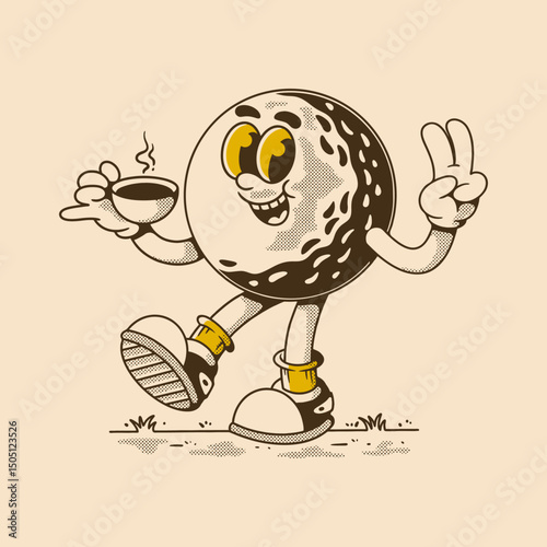 Cute Retro Golf Ball Character with Coffee Cup and Peace Sign
