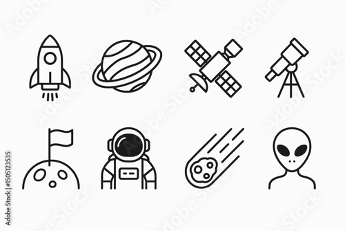 Space icons: rocket, planet, satellite, telescope, moon, astronaut, meteor, alien.