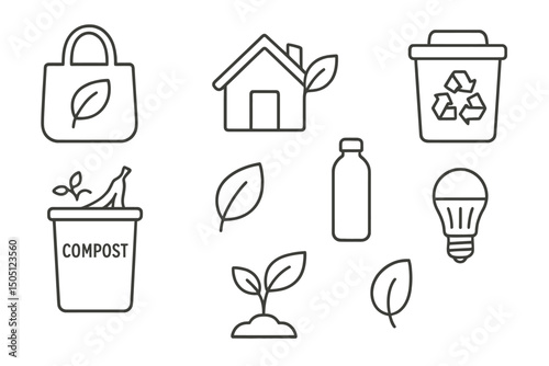 Sustainable living icons: recycling, composting, and eco-friendly practices.
