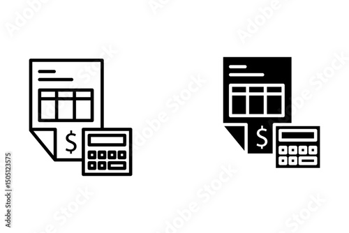 Financial planning icon with documents, calculator and dollar bills
