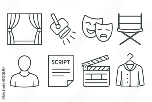 Theater icon set: curtains, spotlight, masks, director's chair, actor, script, clapperboard, costume