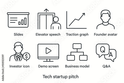 Tech startup pitch elements: graphs, avatars, models, speech