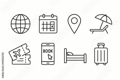 Travel icons set featuring globe map calendar location and more