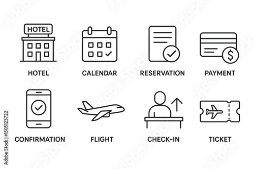 Travel icons set: hotel, calendar, reservation, payment, confirmation, flight, check-in, ticket.