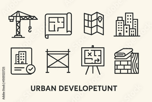 Urban development icons set with construction and planning symbols