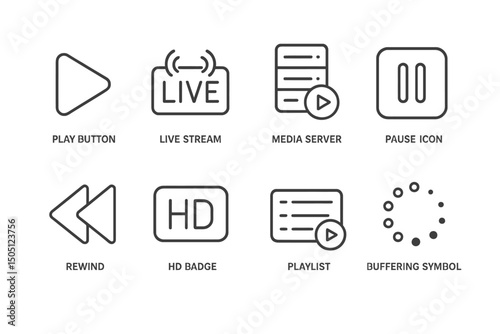 Video interface icons: play, live, media, pause, rewind, hd, playlist, buffering