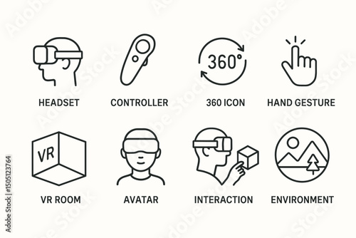 Virtual reality icon set including headset, controller, 360 symbol, hand gesture, and vr room concept.