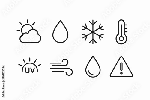 Weather icons: sun, rain, snowflake, thermometer, uv, wind, droplet, warning