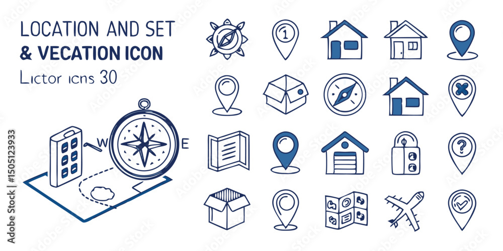 Fototapeta premium Location & Navigation Icon Set – Vector GPS, Map, Compass, and Route Icons in Blue Style