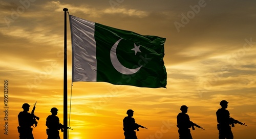 Low-angle view of the Pakistan national flag waving in the wind, with silhouetted soldiers in the background at sunset.