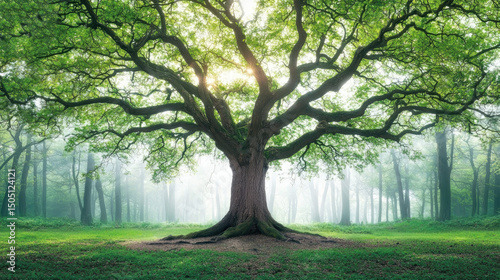 Majestic oak tree illuminated by sunlight in misty forest nature photography tranquil environment serene viewpoint capturing natural beauty