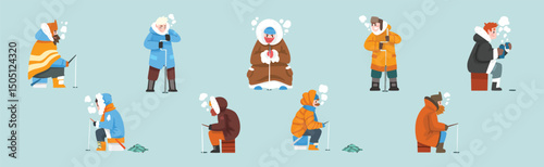 Man in Warm Coat Fishing in Winter at Frozen River Vector Set