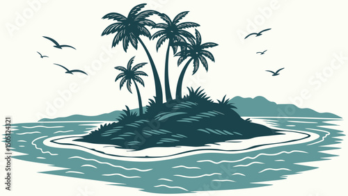 A tropical island silhouette with palm trees surrounded by turquoise watercolor ocean