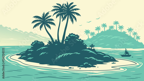 A tropical island silhouette with palm trees surrounded by turquoise watercolor ocean
