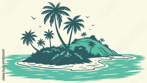 A tropical island silhouette with palm trees surrounded by turquoise watercolor ocean