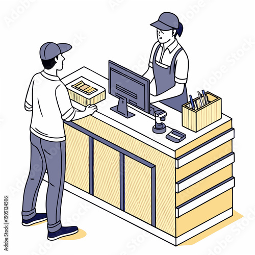Vector illustration of service center counter with technician and customer, isolated on transparent background