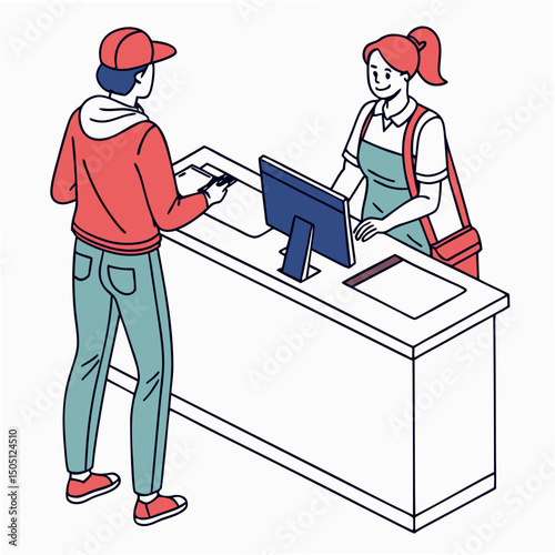 Vector illustration of service center counter with technician and customer, isolated on transparent background