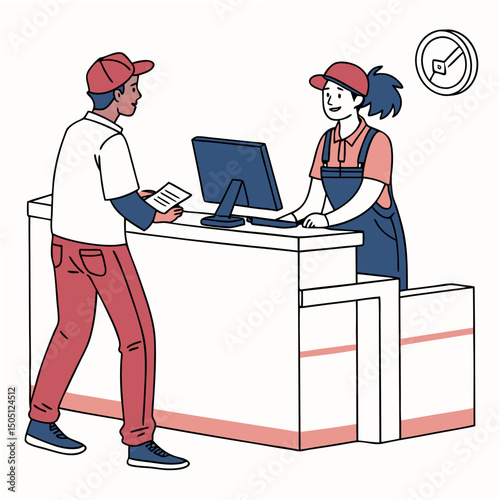 Vector illustration of service center counter with technician and customer, isolated on transparent background